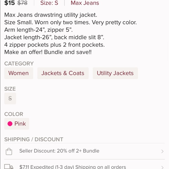 MAX Jeans Drawstring Utility Jacket. Small. - Picture 4 of 4